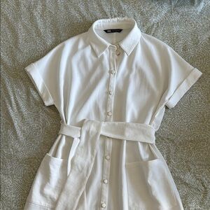 Zara Ivory Short-Sleeve Belted Dress Maxi